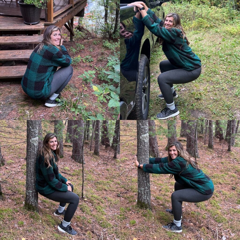 Four images of a woman in a green and black plaid jacket camping