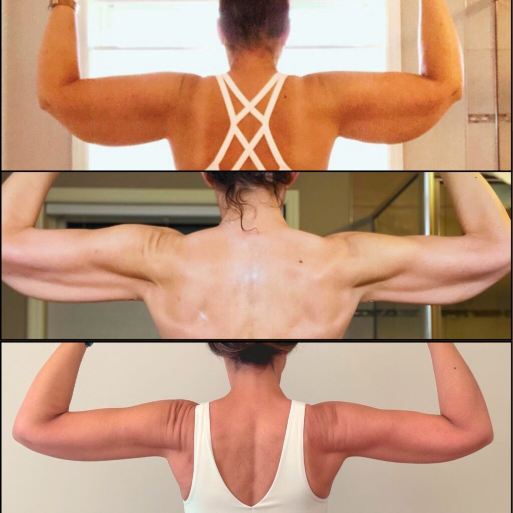 Three pictures of a woman's back posing with her arms flexed.